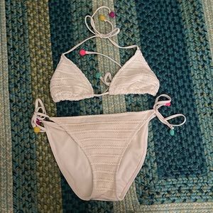 White Bikini with Fun different colored balls on tie strings. Top- M Bottom- L